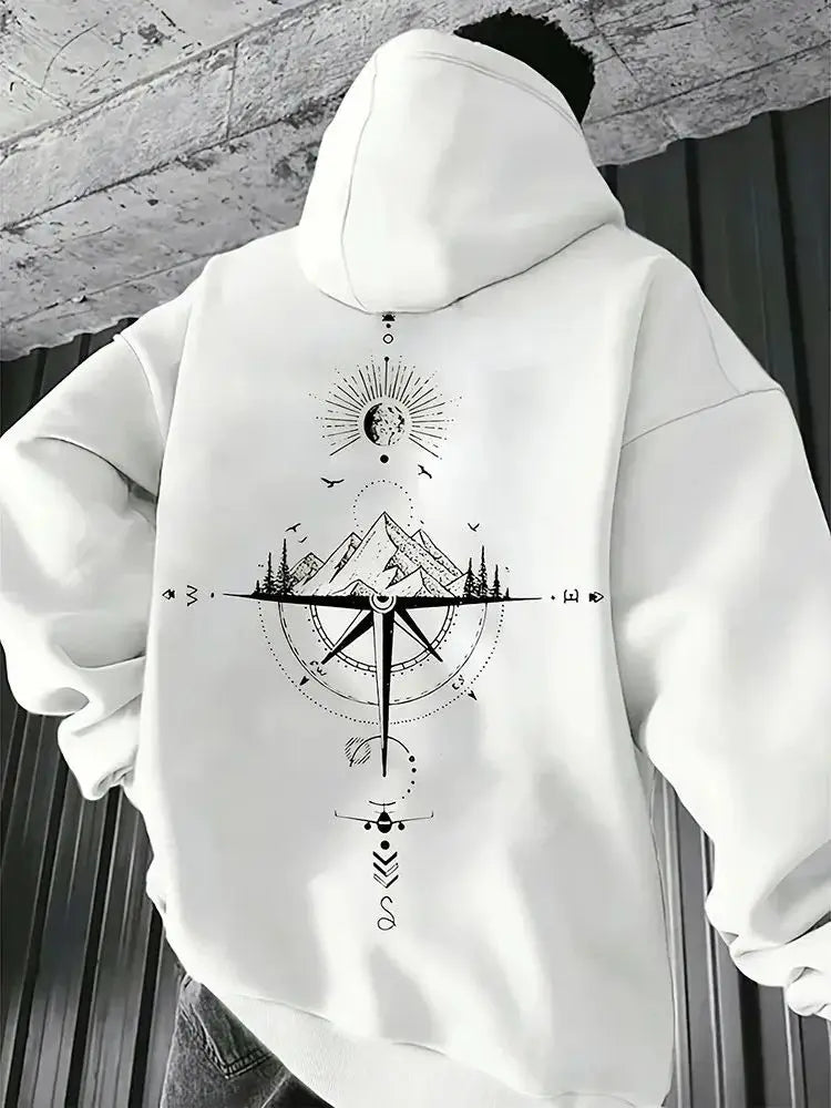 Vintage Compass Print Hoodies for Men High Quality Hooded Long Sleeve Pullover All Season Daily Casual Sports Tops Men's Clothes