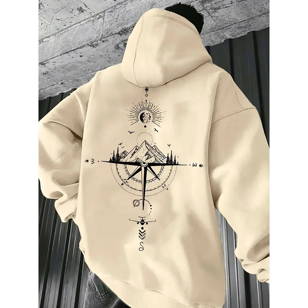 Vintage Compass Print Hoodies for Men High Quality Hooded Long Sleeve Pullover All Season Daily Casual Sports Tops Men's Clothes