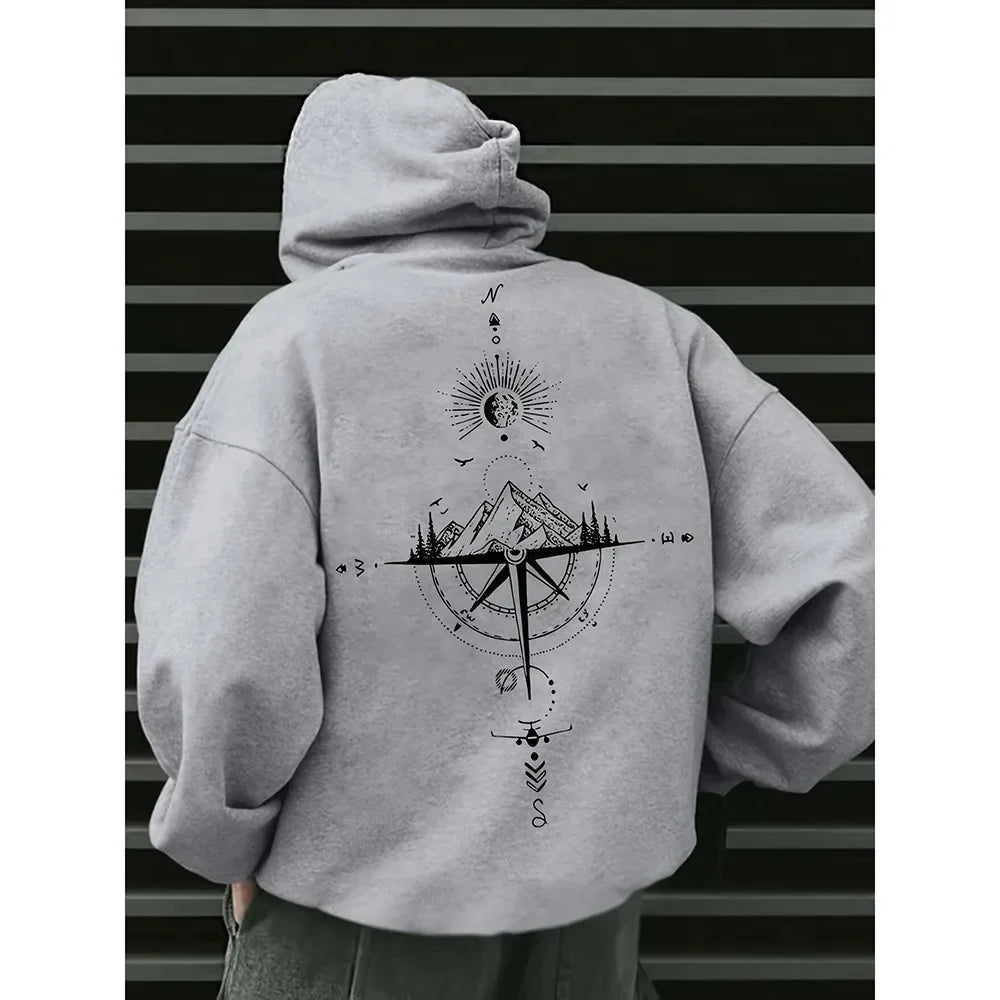 Vintage Compass Print Hoodies for Men High Quality Hooded Long Sleeve Pullover All Season Daily Casual Sports Tops Men's Clothes