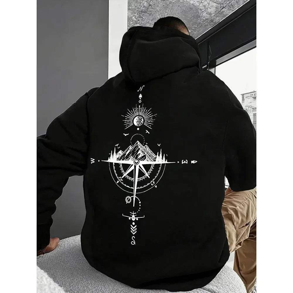 Vintage Compass Print Hoodies for Men High Quality Hooded Long Sleeve Pullover All Season Daily Casual Sports Tops Men's Clothes